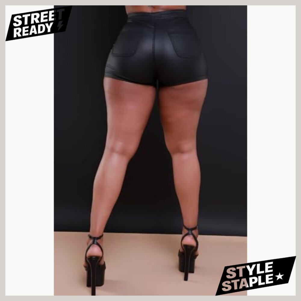 High Waist Faux Leather Shorts, Zipper Front, Stretchy PU Material - Picture 4 of 7